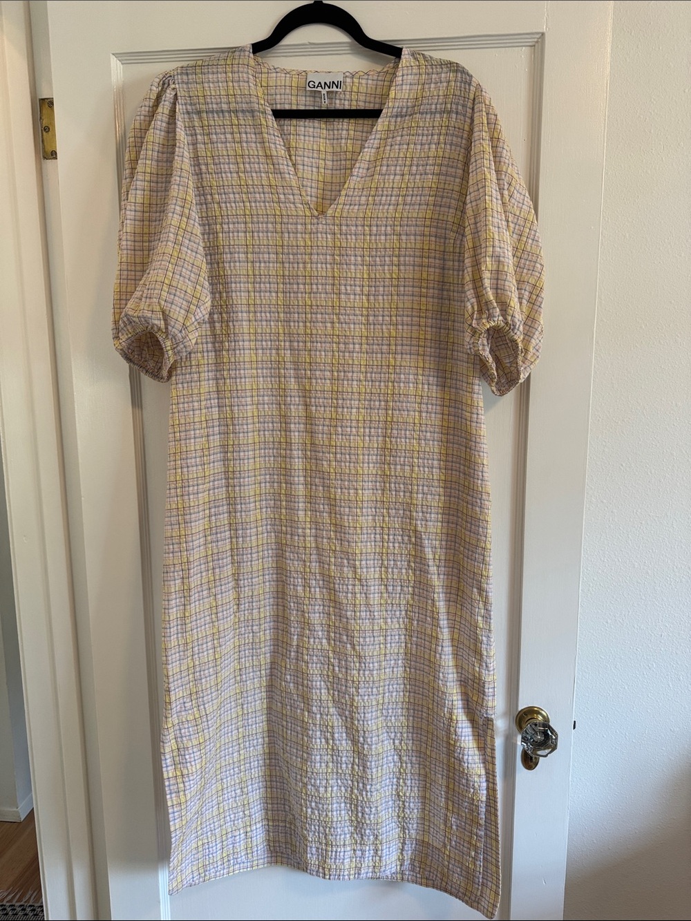 GANNI Seersucker Plaid Midi Dress Puff Sleeve EU 42 US 10/12